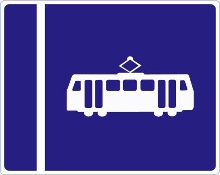 Tram lane on right.