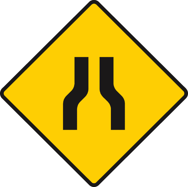 Road narrows on both sides.