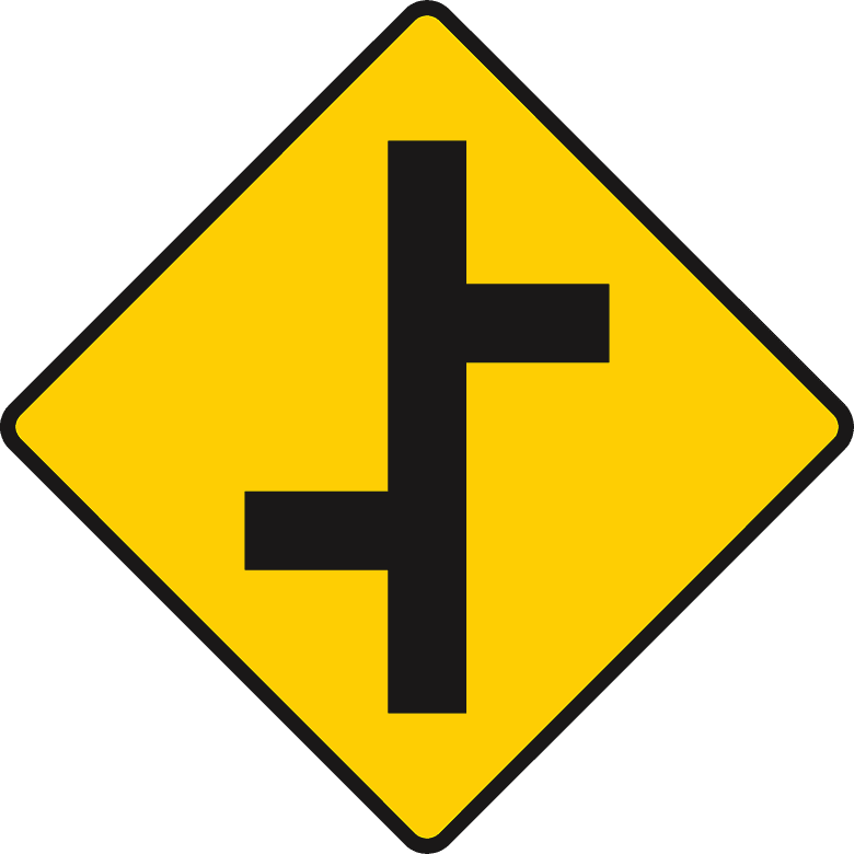 Staggered crossroads ahead with roads of equal importance.