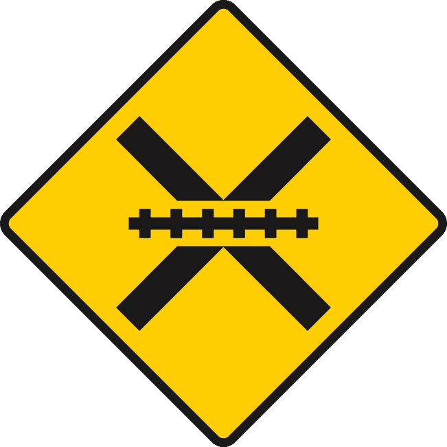 Level crossing ahead unguarded by gates or barriers.