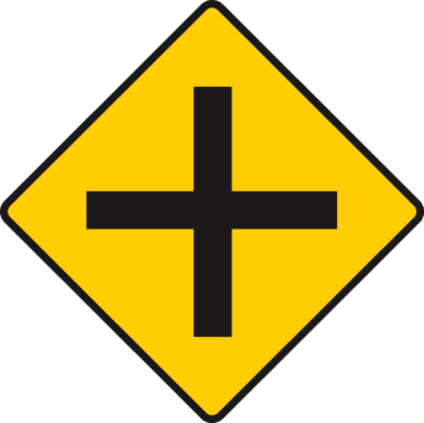 Crossroads ahead with roads of equal importance.